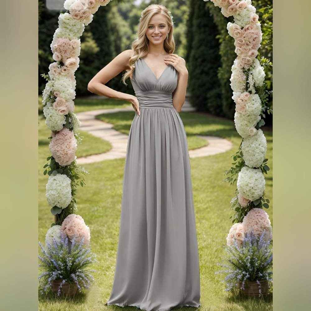 Ever Pretty Grey Chiffon Maxi Bridesmaid Dress V-neck Formal Flowy Womens Size 4